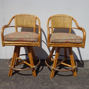 Pair of McGuire Bar Stools Counter Set Rattan Swivel Bohemian Boho Dining Chair Vintage Seating Mid Century Mod Furniture Bamboo Tropical