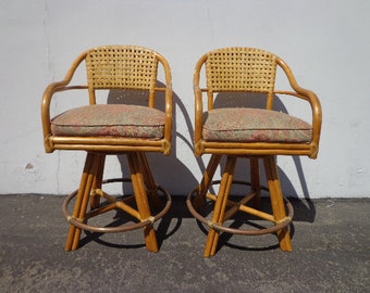 Pair of McGuire Bar Stools Counter Set Rattan Swivel Bohemian Boho Dining Chair Vintage Seating Mid Century Mod Furniture Bamboo Tropical