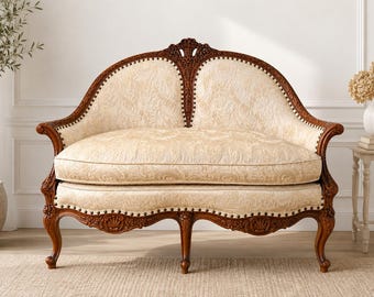 Vintage French Louis XV Style Carved Wood Settee Loveseat