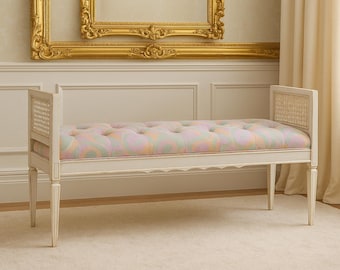 Vintage Bench Wood and Cane French Provincial Regency Chippendale Style Settee Shabby Cottage Chic Victorian Seating Coastal Beach Antique