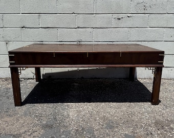 Vintage Drexel Heritage Burl Walnut Brass Chippendale Style Coffee Table Wood Campaign Living Room Furniture Chinoiserie CUSTOM PAINT AVAIL