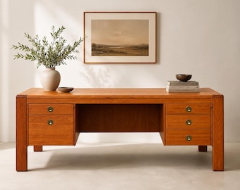 Vintage D-Scan Executive Teak Desk | Danish Scandinavian Modern Wood Desk