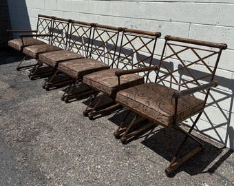 Set of 6 Dining Chairs Cleo Baldwin Style Wood Metal X Form Director’s Armchair Bohemian Boho Chic Vintage Seating Mid Century Post Modern