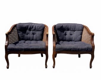 Pair of Vintage Cane Tufted Armchairs Tub Barrel Back Chairs Set Mid Century Modern Style Regency Vintage Seating Bohemian Boho Chic