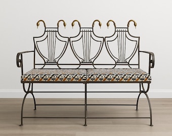 Vintage Maison Jansen Black Iron Lyre-Back Bench Settee Patio Seat Loveseat Chair X Base Neoclassical Italian Renaissance Regency Patio