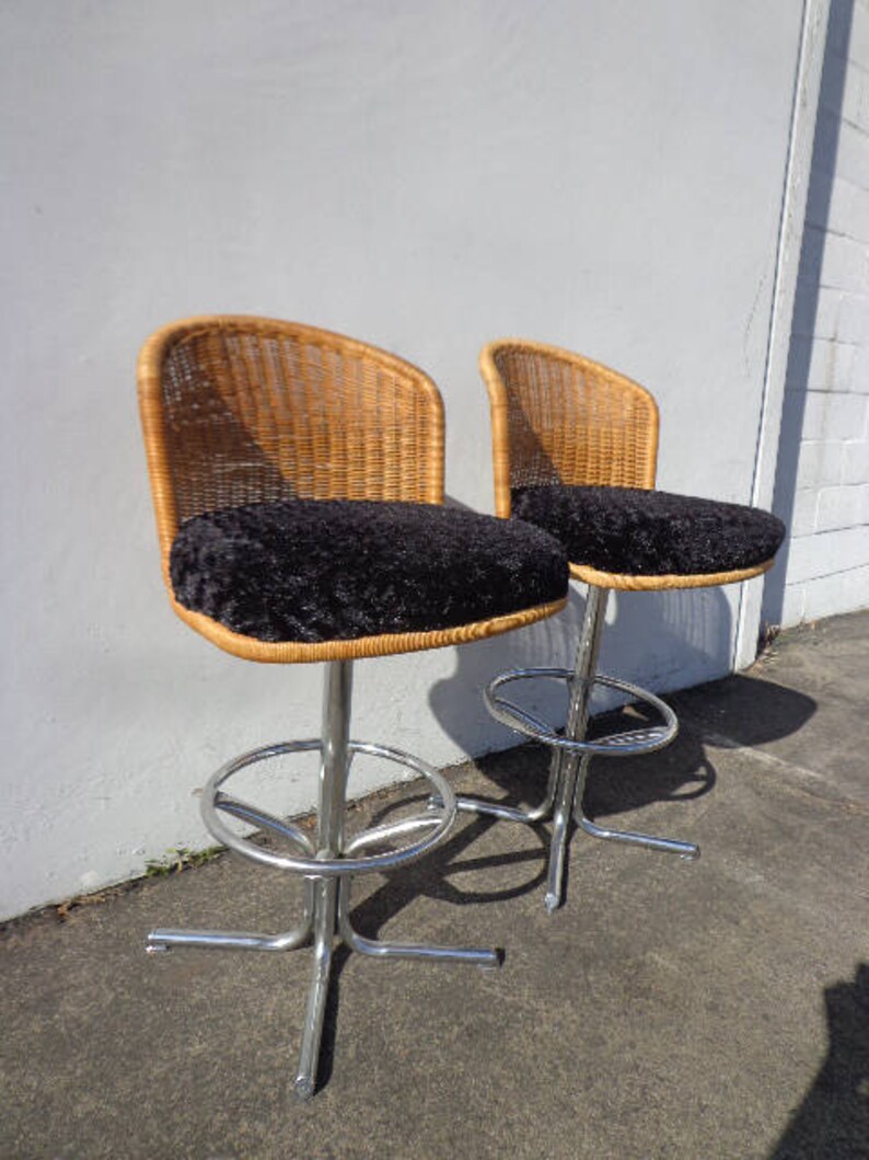 2 Bar Stools Swivel Wicker Chrome Bohemian Boho Chic Pair of Etsy