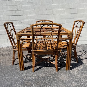 5pc Rattan Dining Set Faux Bamboo Chairs Table Hollywood Regency Chinese Chippendale Coastal Bohemian Boho Chic Wood Vintage Kitchen Wicker