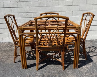 5pc Rattan Dining Set Faux Bamboo Chairs Table Hollywood Regency Chinese Chippendale Coastal Bohemian Boho Chic Wood Vintage Kitchen Wicker
