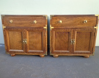 2 Campaign Nightstands by Bernhardt Cabinet Bedside Tables Nightstand Storage Dresser Chinoiserie Brass CUSTOM PAINT AVAILABLE