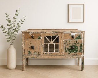 Antique Buffet Cabinet Console Farmhouse Shabby Chic Mirror Tea Bar Cart Server Storage Chippy Paint Rustic Regency Vintage Media Table