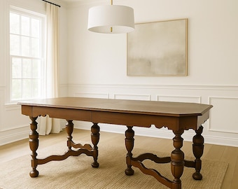 Antique Carved Wood Dining Table with Turned Legs & Scalloped Apron Custom PAINT / STAINING AVAILABLE