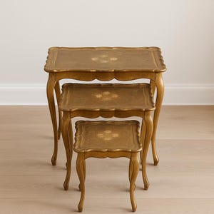 Nesting Tables Venetian Florentine Neoclassical Italian Gold Gilt Accent Side End Wood Rococo Baroque Shabby Chic Vintage Nightstand Antique