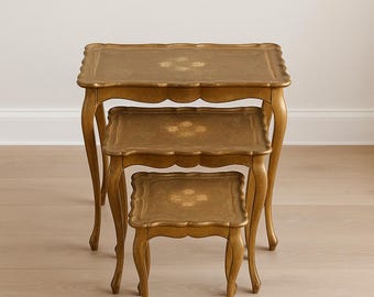 Nesting Tables Venetian Florentine Neoclassical Italian Gold Gilt Accent Side End Wood Rococo Baroque Shabby Chic Vintage Nightstand Antique