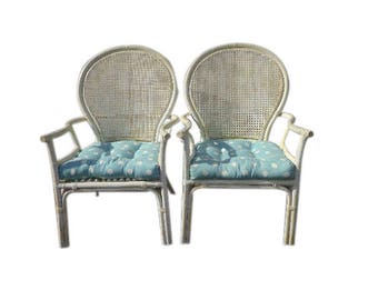 2 Rattan Chairs Chinoiserie Chinese Chippendale Vintage Bohemian Boho Beach Armchair Cane Bentwood Faux Bamboo Furniture Accent Seating