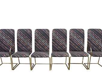 6 Postmodern Brass Cantilever Dining Chairs Milo Baughman DIA Design Institute of America Hollywood Regency Original Upholstery Vintage