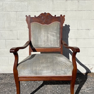 Antique Victorian  Armchair Chair French Provincial Boudoir Vanity Seating Bedroom Glam Shabby Chic Carved Wood Fabric Regency Bench Seat
