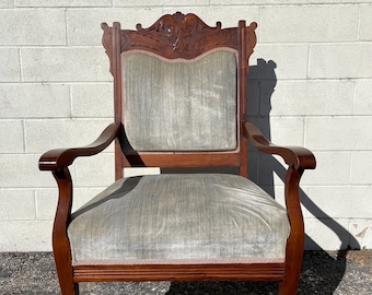 Antique Victorian  Armchair Chair French Provincial Boudoir Vanity Seating Bedroom Glam Shabby Chic Carved Wood Fabric Regency Bench Seat