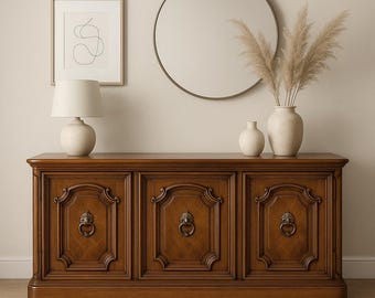 Vintage Thomasville Walnut Credenza: Mediterranean Style Buffet Cabinet CUSTOM PAINT Available