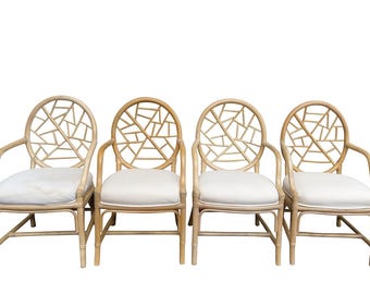 4 Vintage Rattan Chinoiserie Armchairs Cracked Ice McGuire Chairs Style Coastal Palm Beach Regency Chinese Chippendale CUSTOM PAINT Avail
