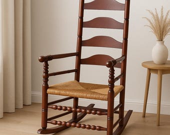 Vintage Ladder-Back Rocking Chair with Rush Seat – Solid Wood Farmhouse Rocker - Nursery Chair