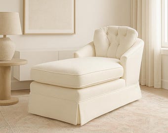 Vintage Tufted Cream Chaise Lounge – Mid-Century Hollywood Regency Style Settee Chair with Skirted Base
