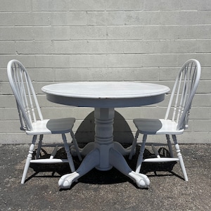 3pc Antique Dining Set Kitchen Wood Table 2 Chairs White Shabby Chic Seating Traditional Vintage Country Farmhouse Arts and Crafts