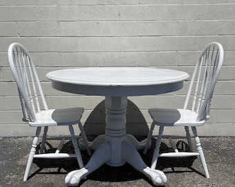 3pc Antique Dining Set Kitchen Wood Table 2 Chairs White Shabby Chic Seating Traditional Vintage Country Farmhouse Arts and Crafts