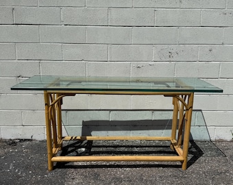 Vintage Rattan and Glass Sofa Console Table Bohemian Chic Style Accent Stand Chippendale Chinese Palm Beach Chinoiserie Hollywood Regency