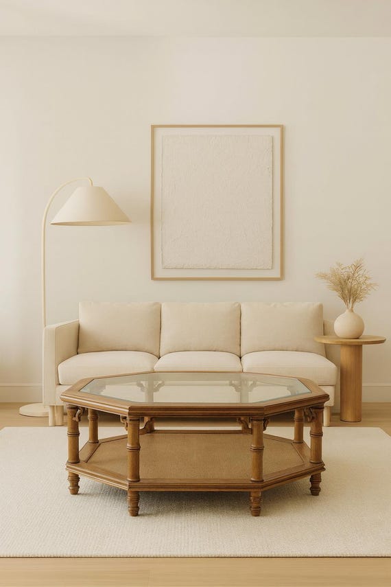 Vintage Bamboo & Fretwork Coffee Table With Lower Cane Shelf