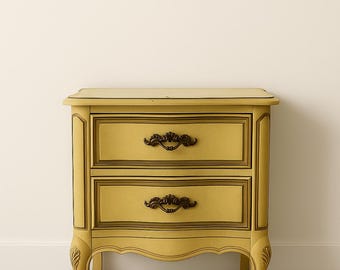Vintage French Provincial Nightstand with Ornate Hardware — Two Drawer Curved Front Bedside Table - CUSTOM PAINT AVAILABLE