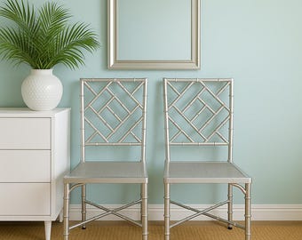 Chinese Chippendale Chair Silver Chrome Chic Regency Style Armchair Seating Woven Coastal Chinoiserie Bamboo Miami Seating Desk Mid Century