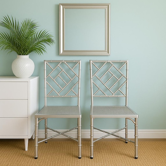 Chinese Chippendale Chair Silver Chrome Chic Regency Style Armchair Seating Woven Coastal Chinoiserie Bamboo Miami Seating Desk Mid Century