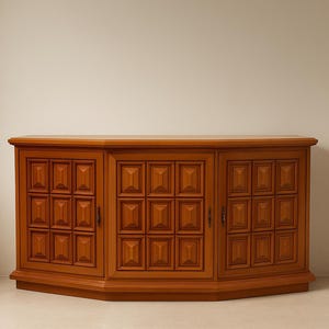 May include: A wooden cabinet with a curved front and three doors. The cabinet is a warm brown color and features a geometric pattern on the door panels. The cabinet is set against a neutral background.