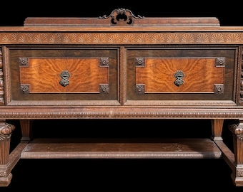 Vintage Jacobean Server Console Table, Spanish Revival Carved Sideboard - CUSTOM PAINT AVAILABLE