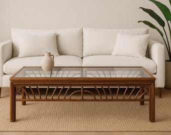 Rattan Coffee Table Cocktail Bohemian Boho Chic Accent Stand Chippendale Chinese Faux Bamboo Palm Beach Chinoiserie Hollywood Regency Beach