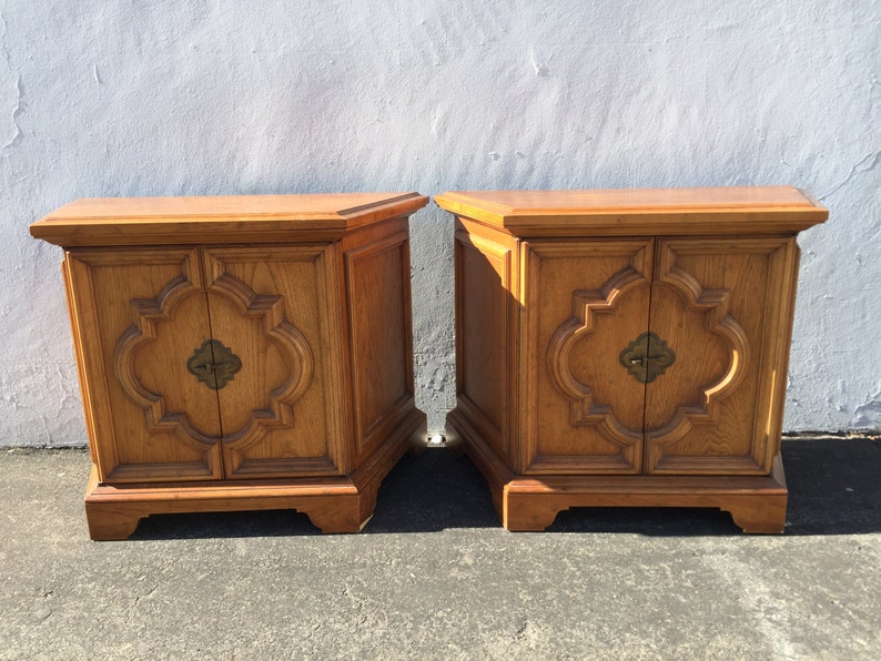 Pair Of Nightstands Bedside Tables Heritage Wood Accent End Side Table Hollywood Regency Bohemian Boho Chic Chinoiserie Custom Paint Avail