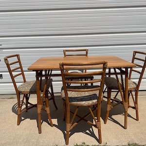 TABLE ONLY -Vintage Dining Table Rattan Faux Bamboo Hollywood Regency Chinese Chippendale Coastal Bohemian Boho Chic Wood Vintage Kitchen
