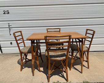 5pc Dining Set Rattan Faux Bamboo Chairs Table Hollywood Regency Chinese Chippendale Coastal Bohemian Boho Chic Wood Vintage Kitchen Wicker