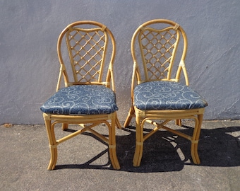Pair of Rattan Chairs Woven Seat Bohemian Boho Chic Style Coastal Chinese Chippendale Chinoiserie Bamboo Miami Seating Desk Tropical Accent