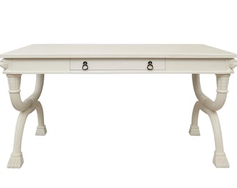 Vintage Neoclassical Writing Desk Lion Heads Hollywood Regency Console Table Ornate Carved Antique Vanity X Base Regency CUSTOM PAINT Avail