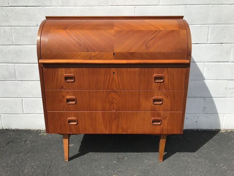 Desk Mid Century Modern Danish Mcm Rolltop Storage Home Office Writing Vintage Furniture Midcentury Roll Top Rosewood Finish Table Bookcase