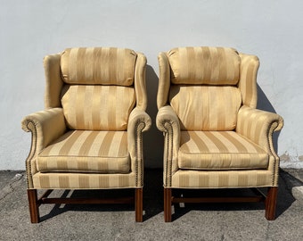 Pair of Armchairs Traditional Wingback Chairs Wood Fabric Seating Vintage Wing Back Fan Lounge Mid Century Modern English Set High Back