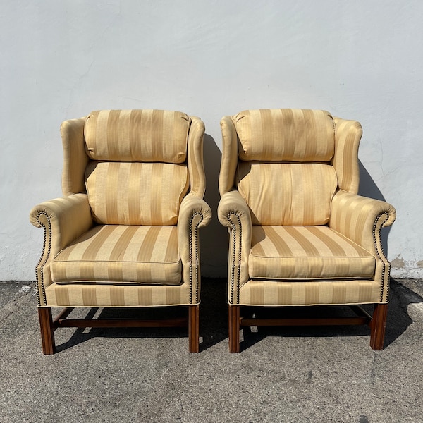 Pair of Armchairs Traditional Wingback Chairs Wood Fabric Seating Vintage Wing Back Fan Lounge Mid Century Modern English Set High Back