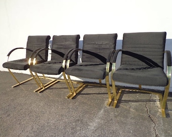 4 Chairs Armchairs Milo Baughman Style Cantilever Gold Brass Metal Mid Century Modern Hollywood Regency Dining Retro Vintage Chair Seating