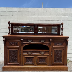 2PC Antique Sideboard Victorian Era Walnut Wood Hutch Buffet Kitchen Storage China Cabinet Display Case