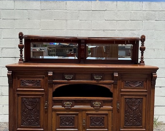 2PC Antique Sideboard Victorian Era Walnut Wood Hutch Buffet Kitchen Storage China Cabinet Display Case