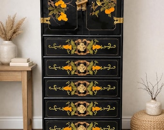 Vintage Asian Black Lacquer Lingerie / Jewelry Chest | Chinoiserie Apothecary Cabinet