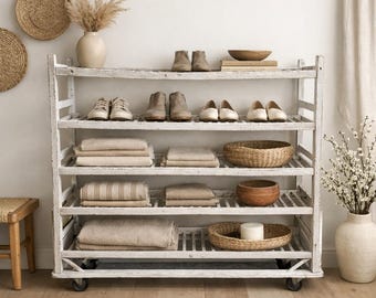 Vintage Cobbler’s Rack on Wheels | Industrial Rustic Wooden Display Rack