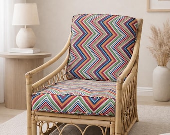 Vintage Rattan Lounge Chair with Colorful Chevron Cushions - Bohemian Coastal