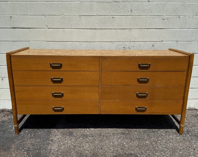 Featured listing image: Iconic Vintage Dresser by McGuire Oak Wood Rattan Bamboo Bedroom Console Chest Drawers Chinoiserie Bohemian Chic Campaign CUSTOM PAINT Avail